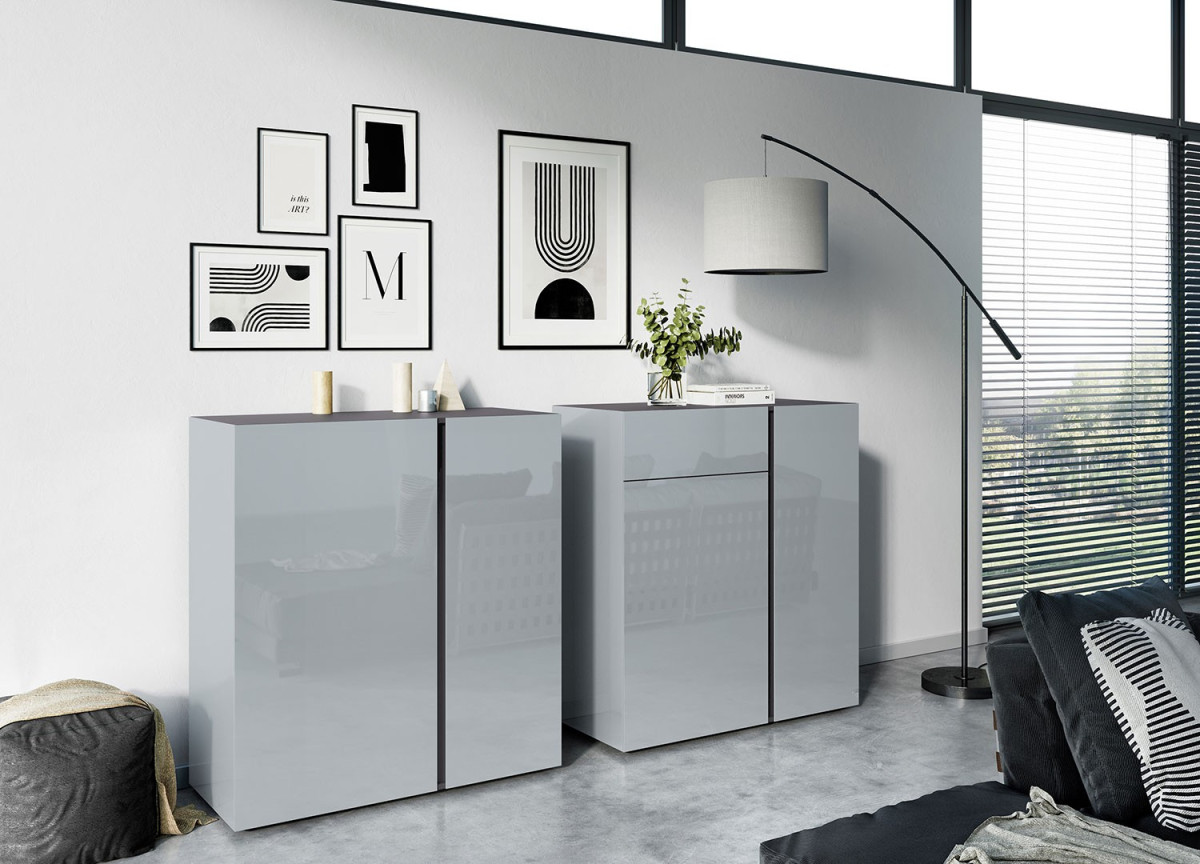 Commode de rangement gris graphite et verre gris