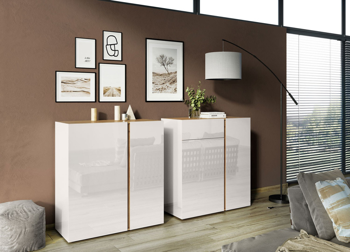 Commode décor chêne et verre blanc cachemire