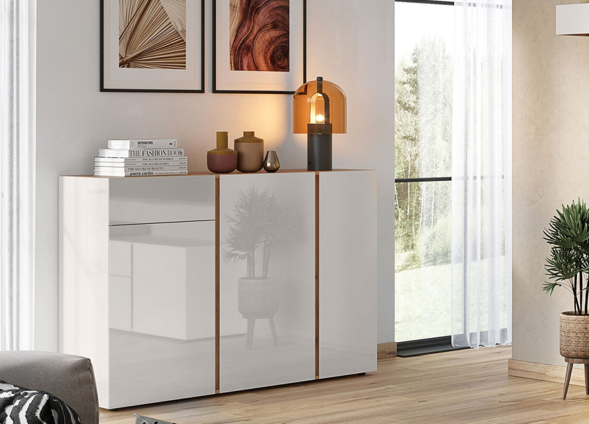 Buffet de séjour design chêne et verre blanc cachemire