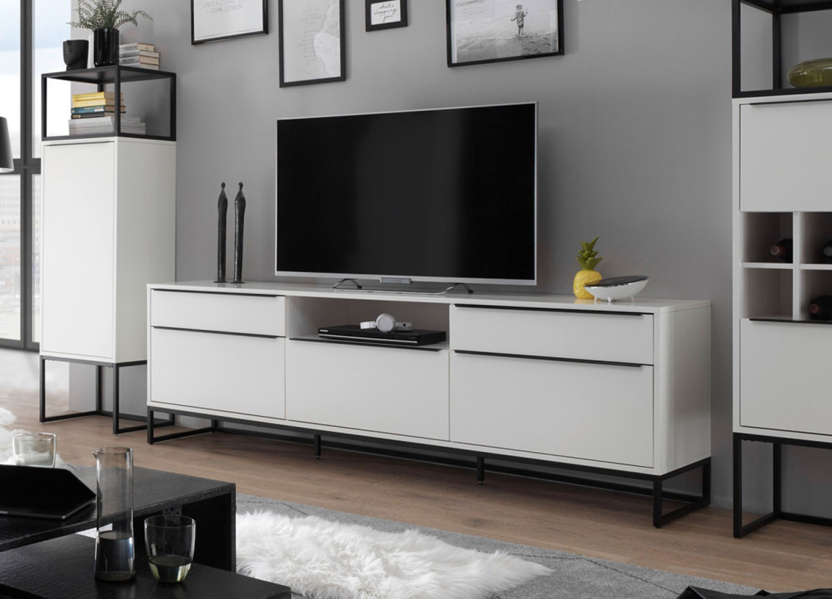 Meuble TV design blanc laqué mat 215 cm