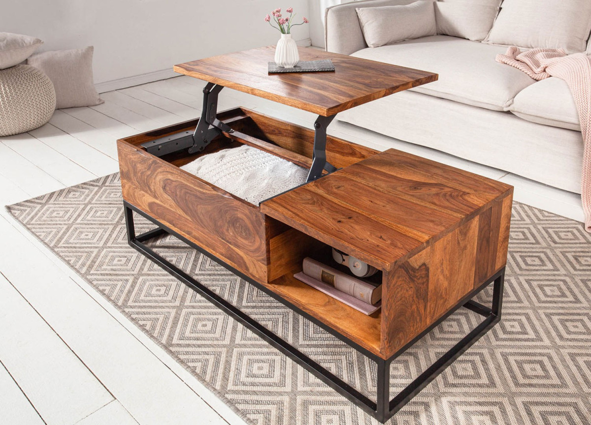 Table basse plateau relevable bois sesham et métal
