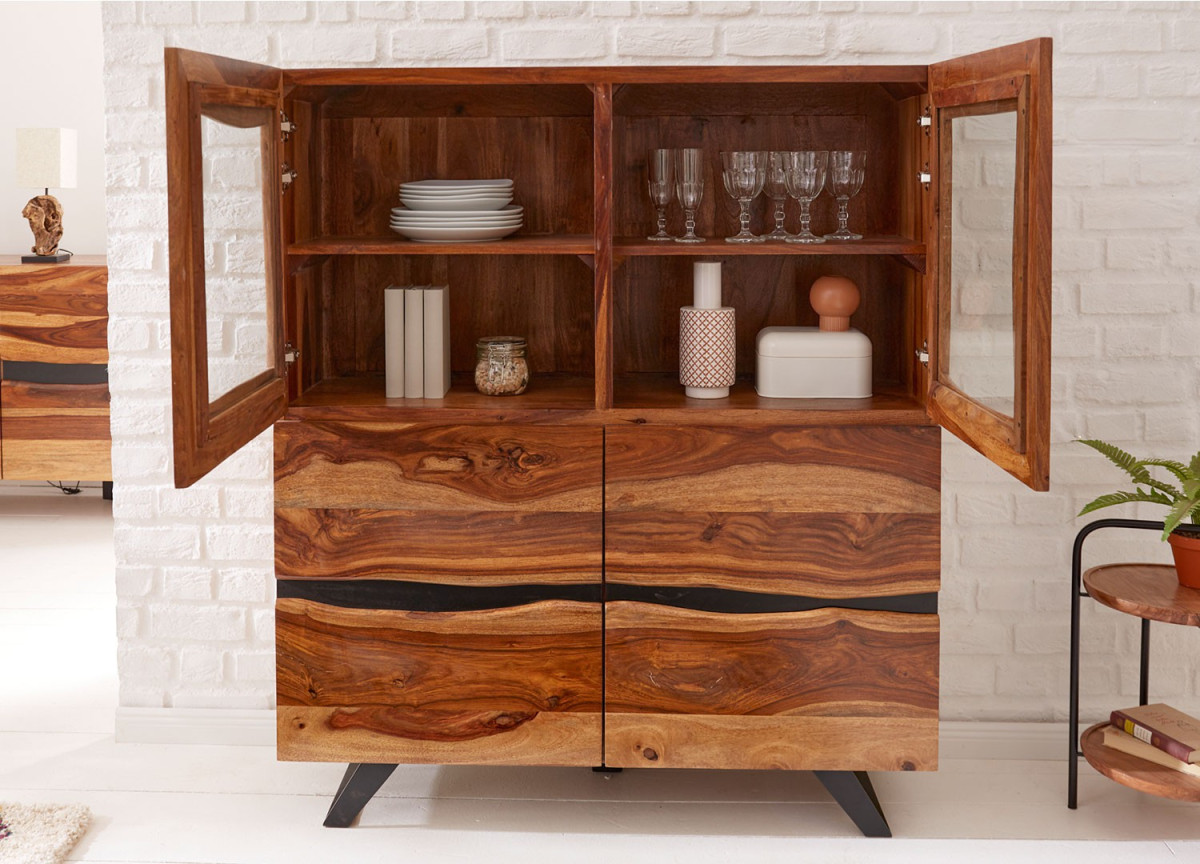 Buffet haut bois massif 2 portes vitrées