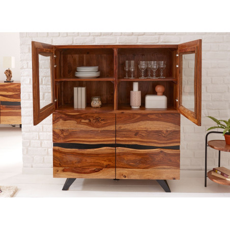 Buffet haut bois massif 2 portes vitrées