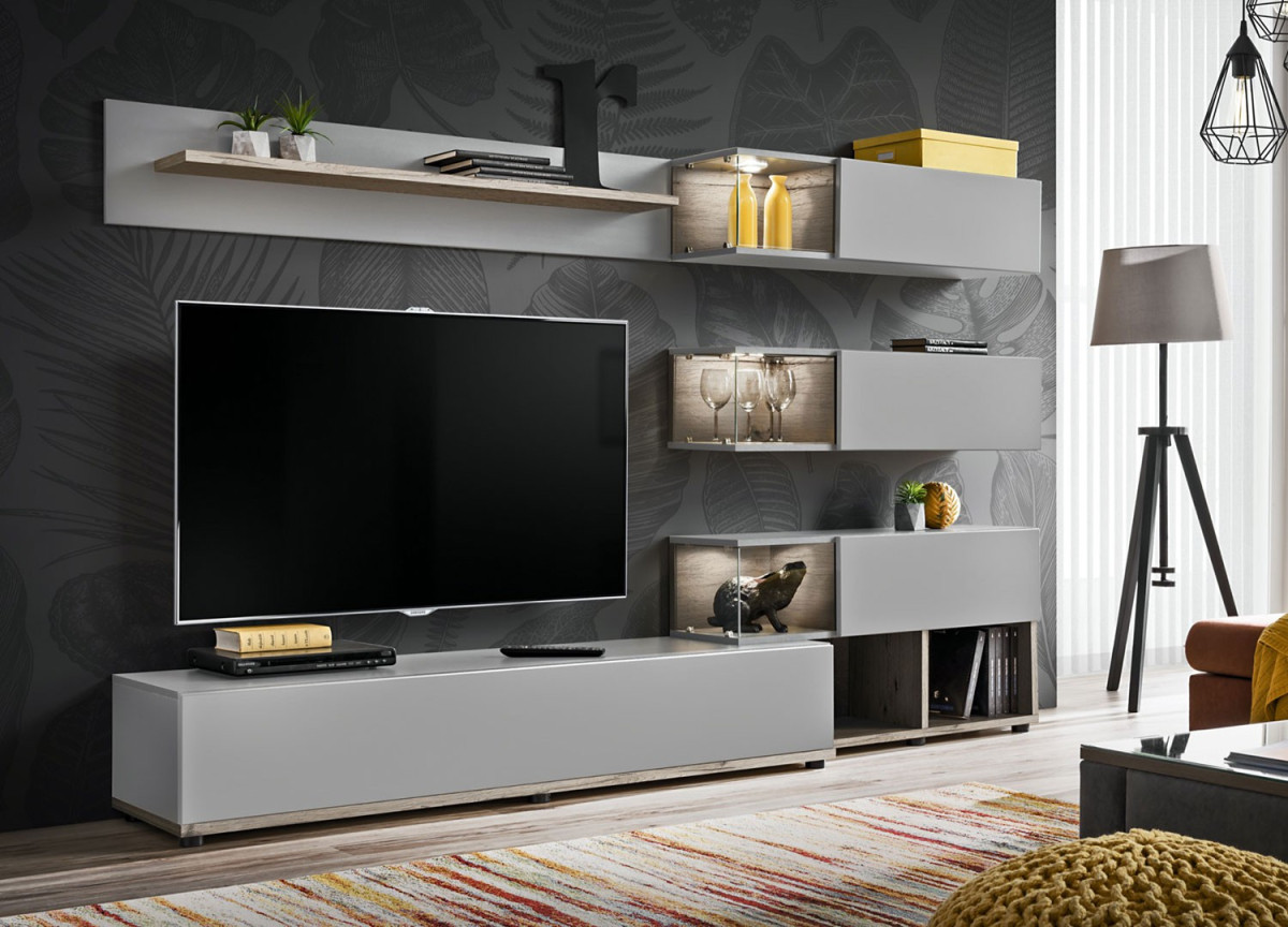 Meuble TV mural moderne SPARK 180cm - Chêne et Gris Anthracite