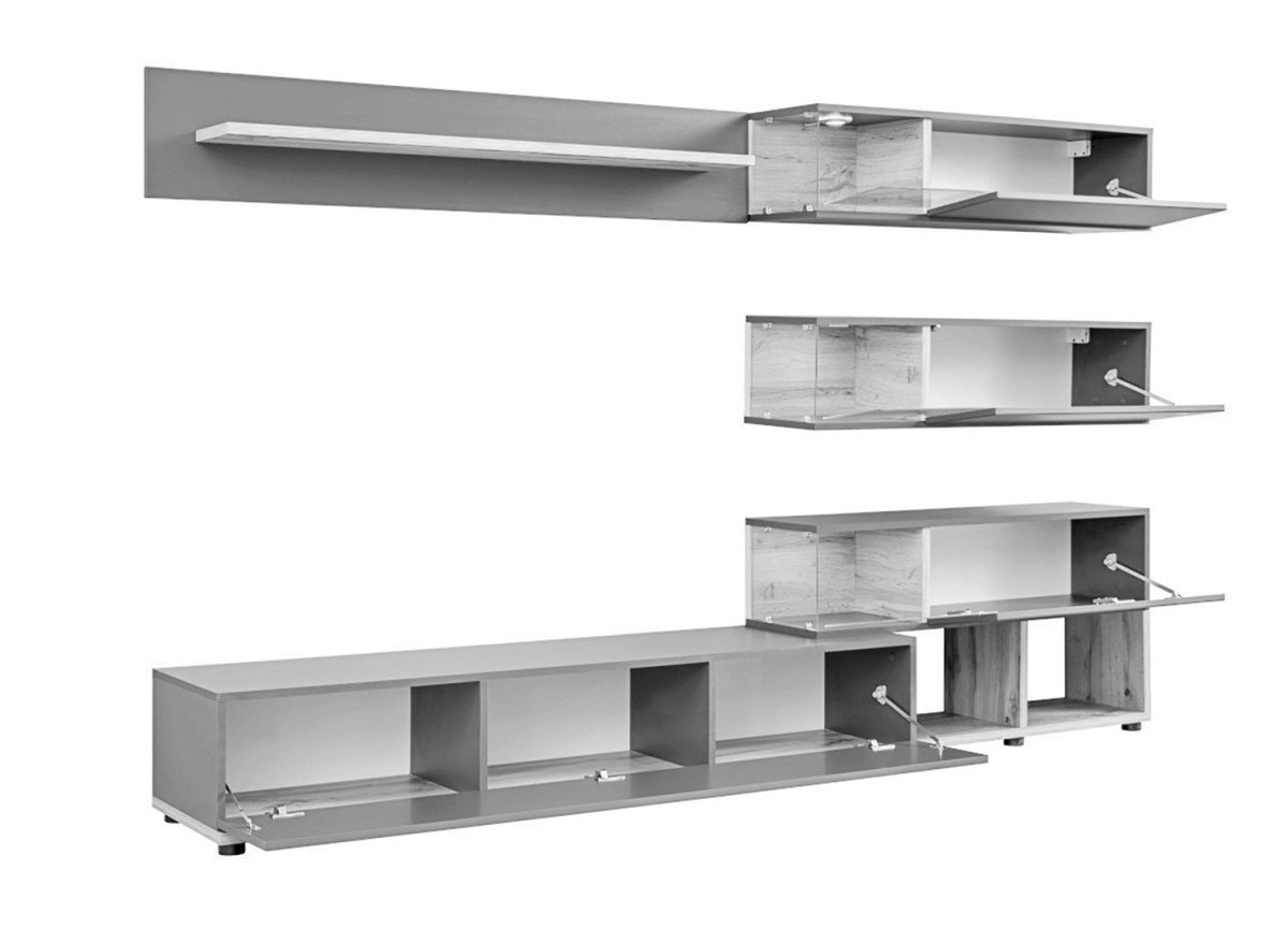 Meuble TV design mural gris clair et bois 240cm