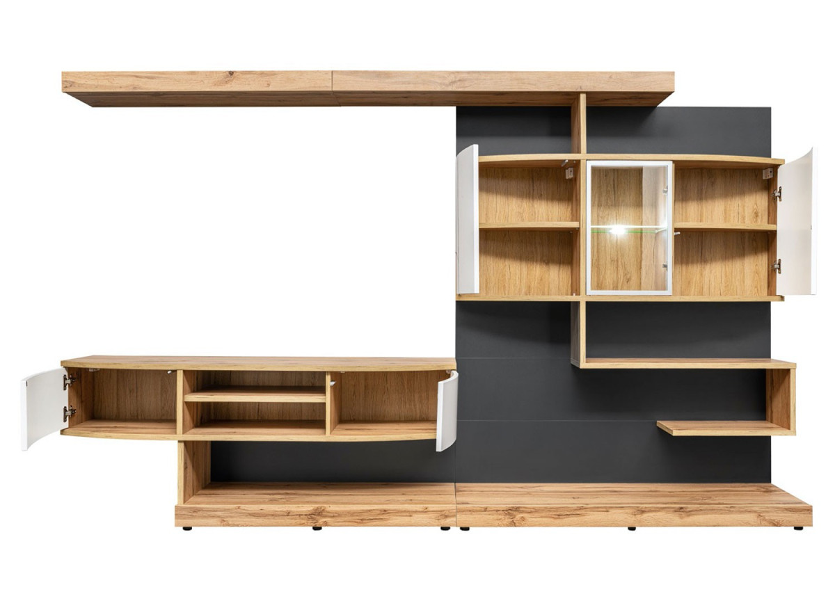 Meuble TV design mural bois et blanc laqué  300 cm