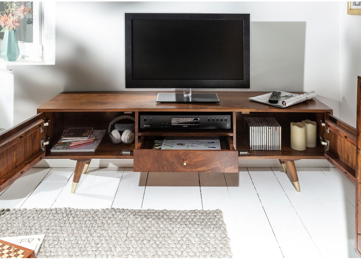 Meuble TV en bois d'acacia brun et déco doré rétro scandinave