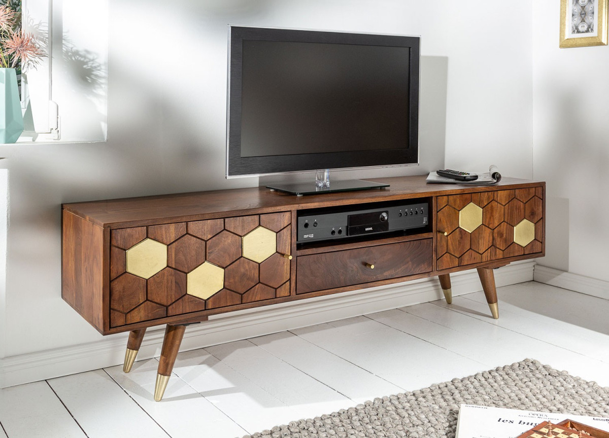 Meuble TV en bois d'acacia brun et doré