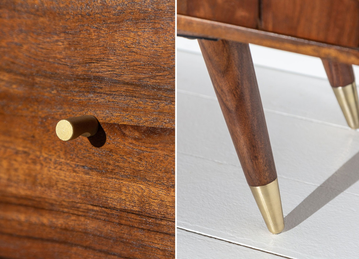 Meuble TV 140 cm | Bois d'acacia brun et déco doré