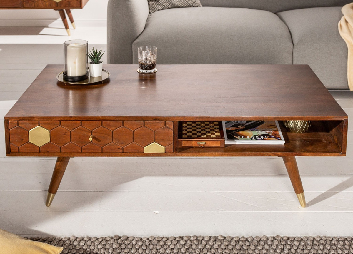 Table basse en bois d'acacia brun et déco doré