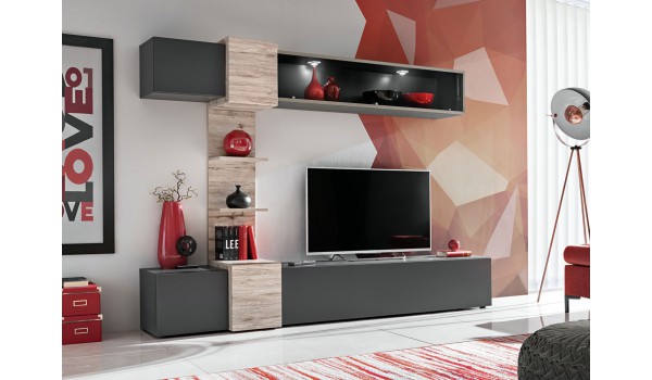 Meuble TV design mural gris et bois avec éclairage Led