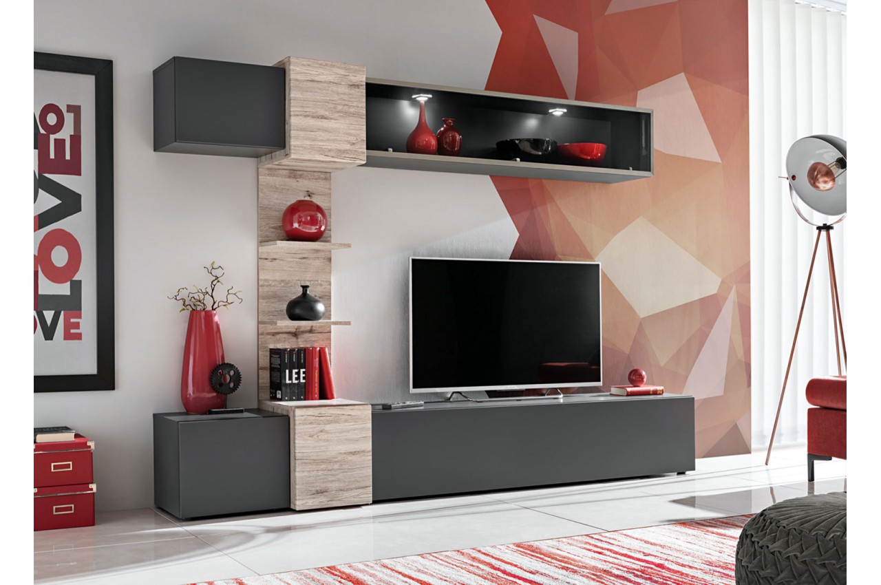 Meuble TV design mural gris et bois avec éclairage Led pour salon
