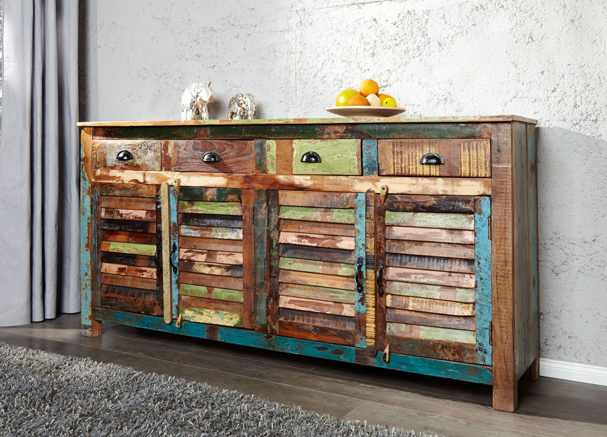 Buffet industriel shabby chic en bois coloré