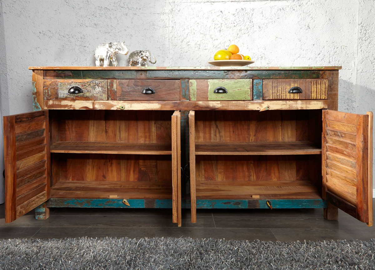 Buffet industriel 4 portes, 4 tiroirs en bois recyclé coloré