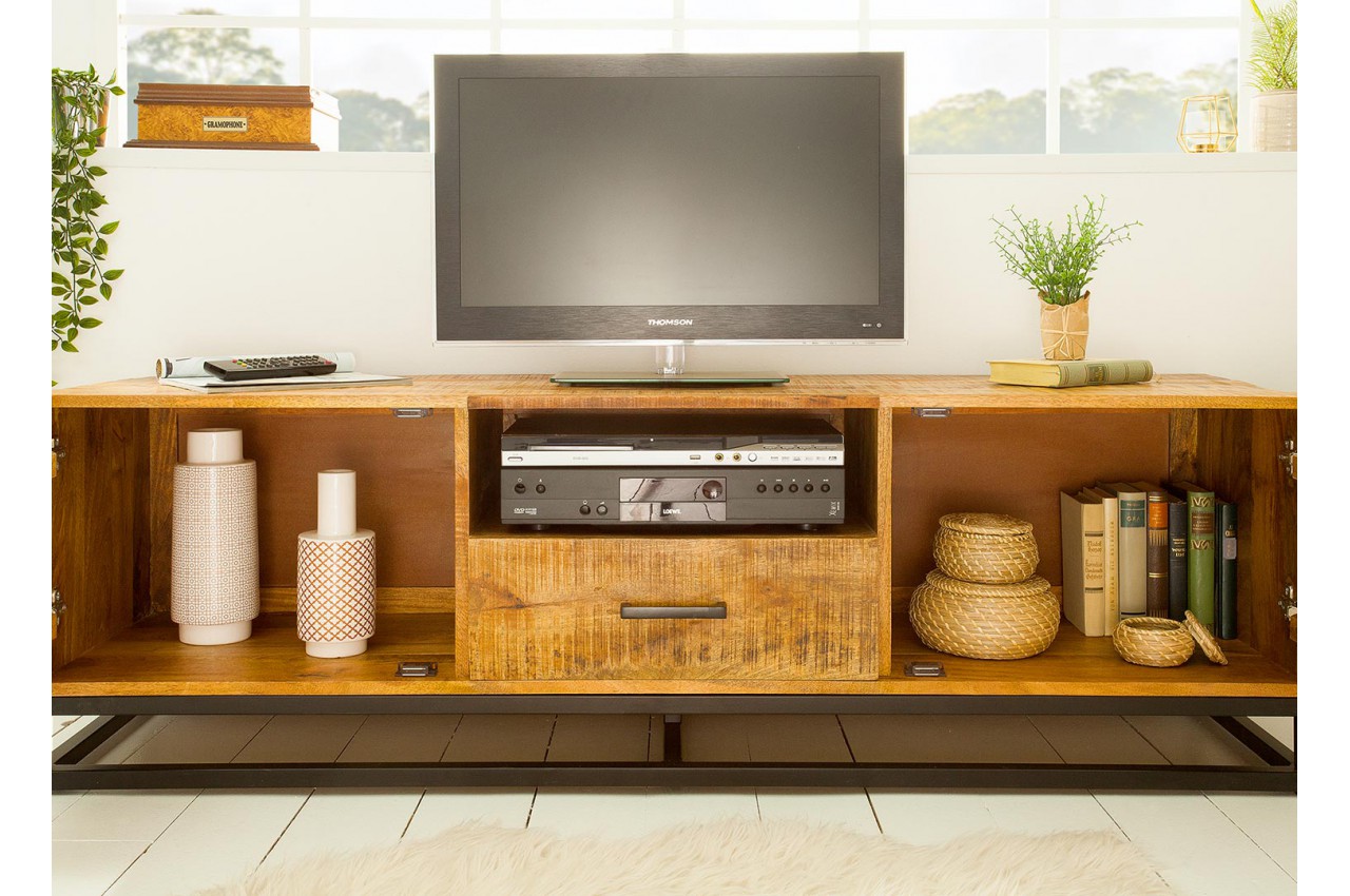 Meuble TV en bois massif et fer forgé / 160 cm pour salon