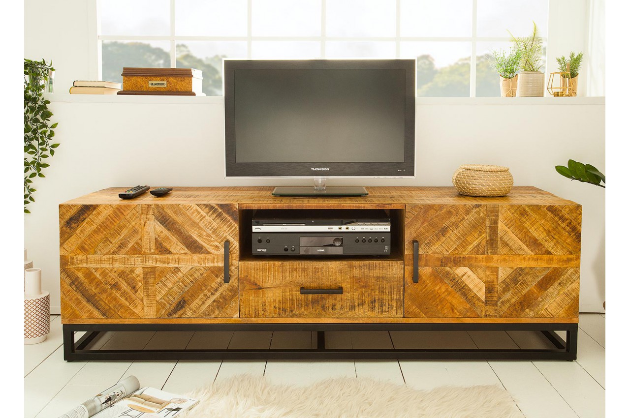 Meuble TV en bois massif et fer forgé / 160 cm pour salon