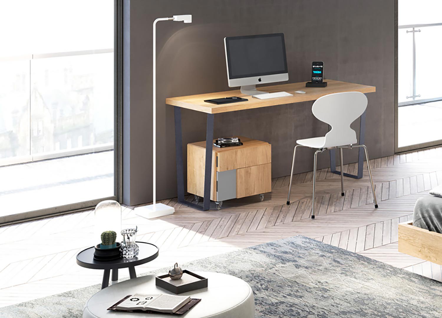 Bureau contemporain pour télétravail avec caisson 4 tiroirs