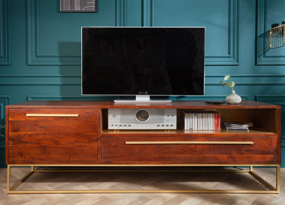 Meuble TV en bois d'acacia et déco doré