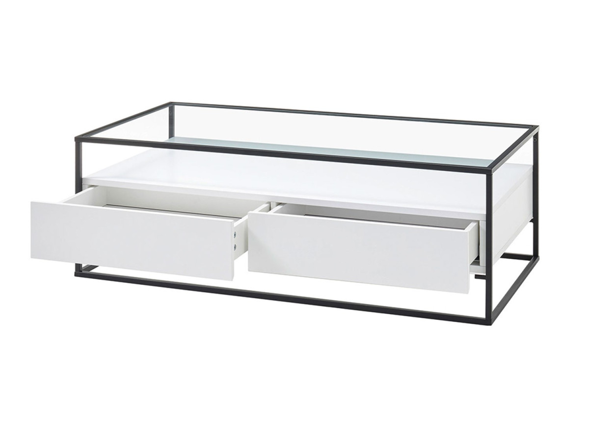 Table basse blanche et verre avec rangement