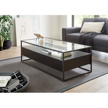 Table basse rectangulaire noir et verre transparent avec tiroir