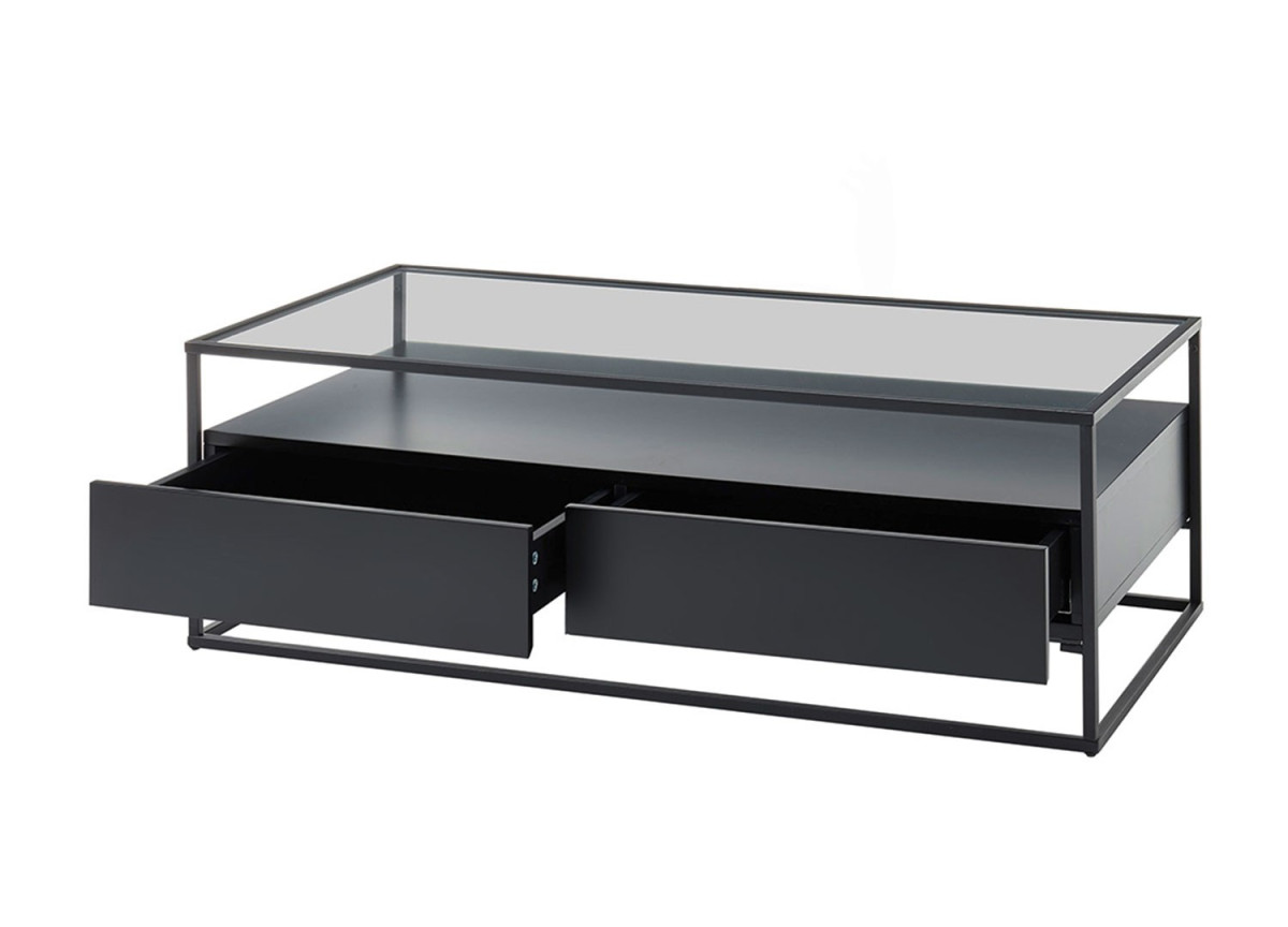 Table basse noire et verre avec tiroir
