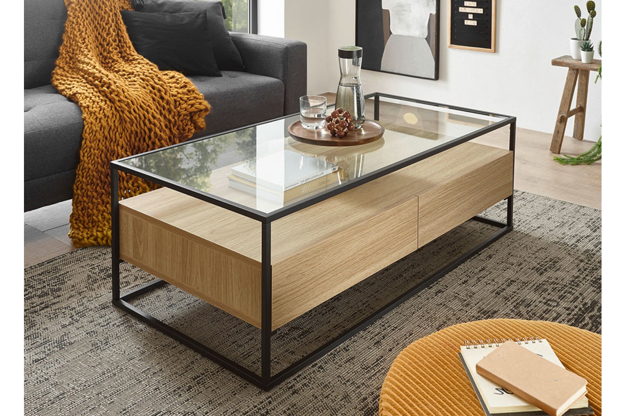 Table Basse de Salon Basse en Verre et Métal Design Rectangulaire