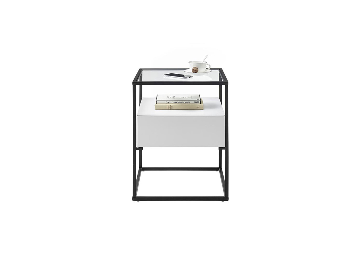 Table bout de canapé blanc et verre avec tiroir