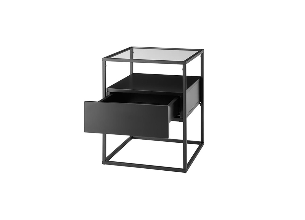 Table bout de canapé noir et verre avec tiroir