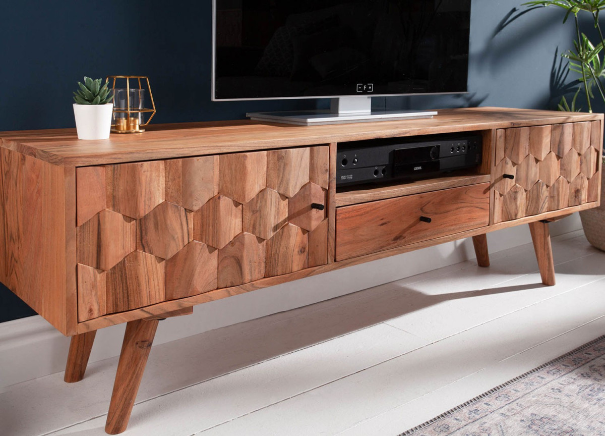 Meuble tv scandinave / Effet marqueterie 3D en acacia massif