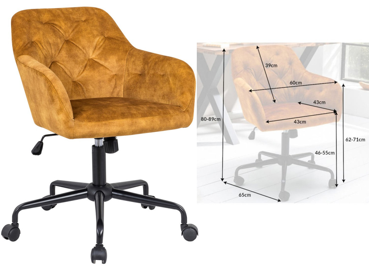 Chaise de bureau velours jaune moutarde matelassée