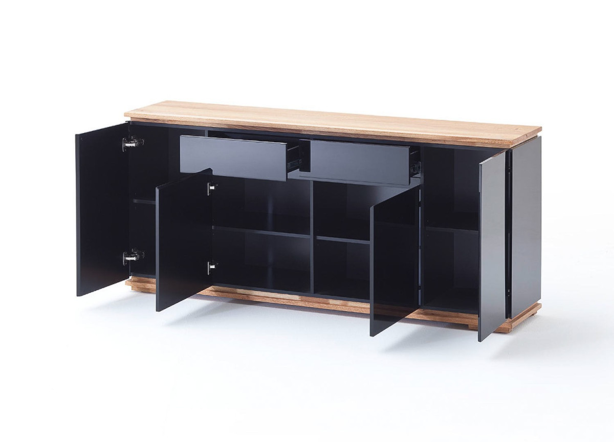 Buffet noir laqué et bois massif avec portes et tiroirs