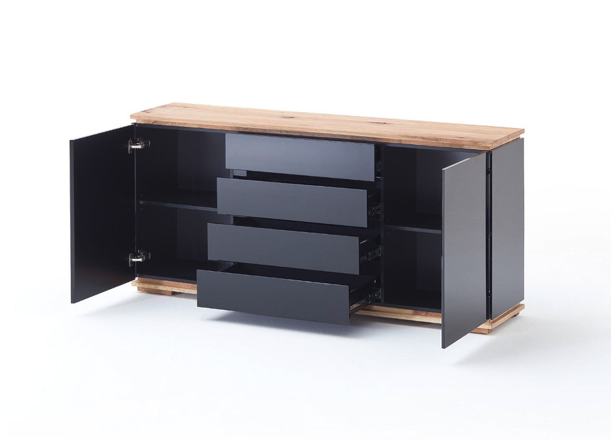 Buffet noir laqué et bois massif 2 portes et 4 tiroirs