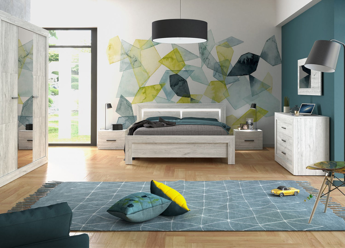 Chambre à Coucher Moderne en Bois & Éclairage Lumineux