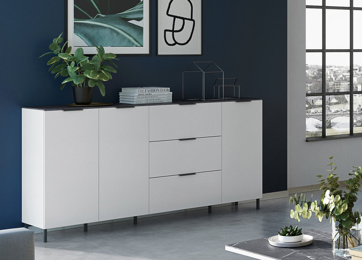 Buffet Blanc- Gris effet marbre 3P 3T
