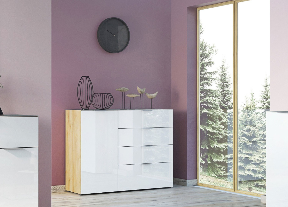 Petit buffet bois - Verre blanc 1P 4T