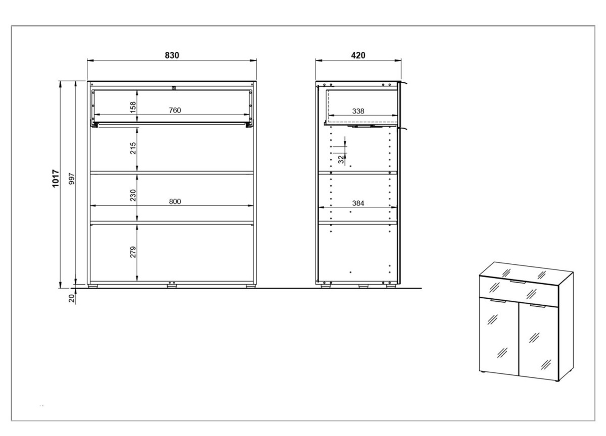 Commode noir - Verre noir 2P 1T