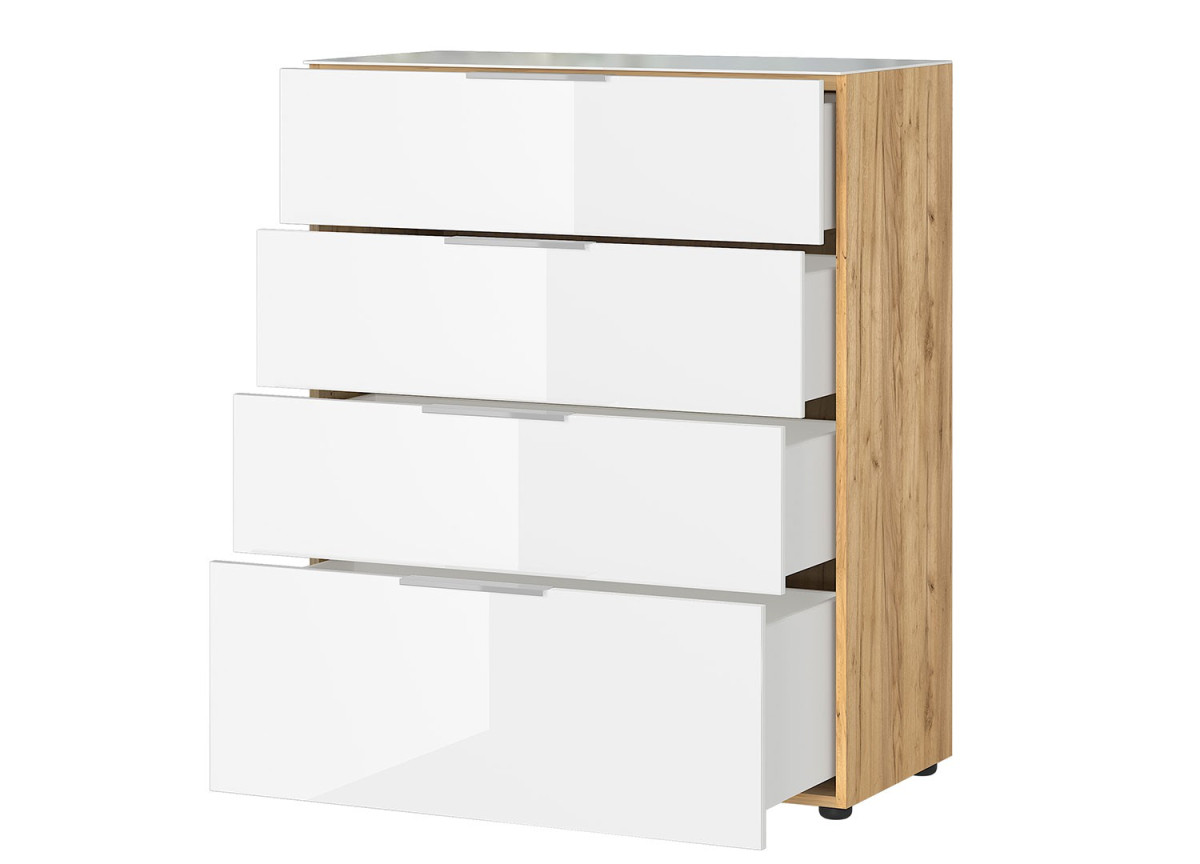 Commode 4 tiroirs bois - Verre blanc