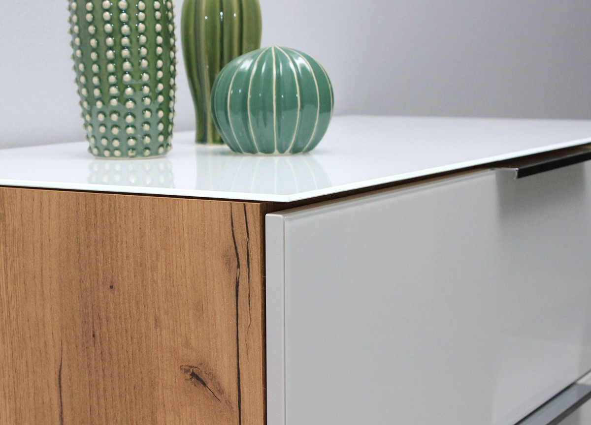 Commode 4 tiroirs bois - Verre blanc