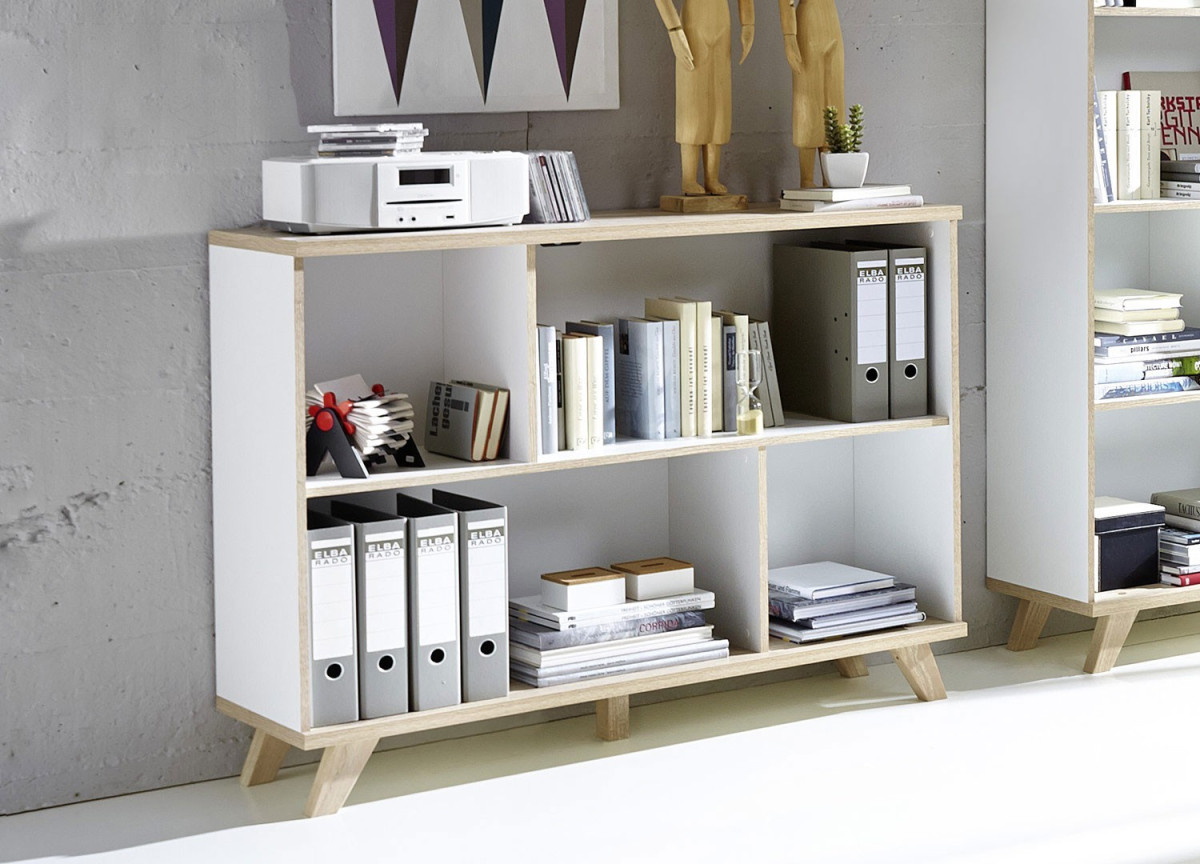 Meuble bas rangement ouvert blanc et bois scandinave pour salon