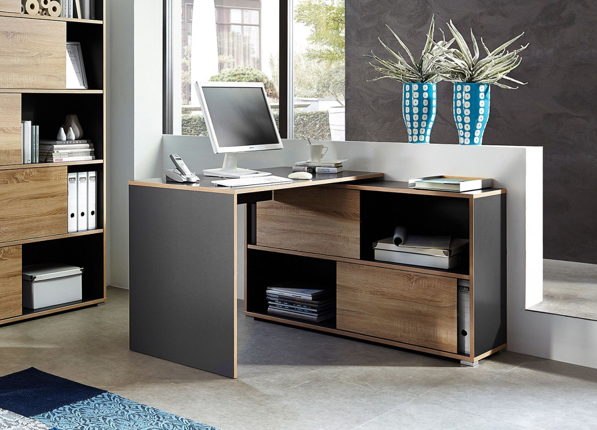 Bureau compact retour à gauche avec rangement, piétement bois - Nook