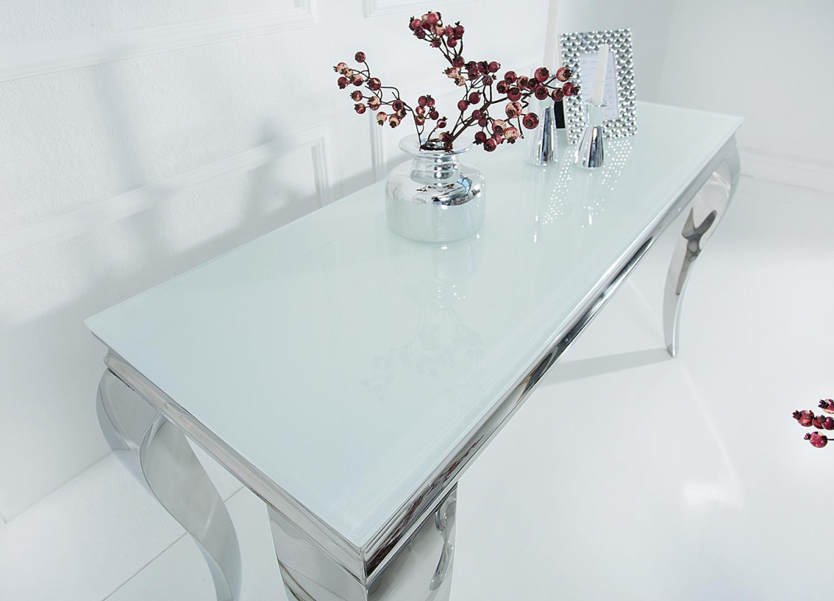 Table console baroque blanche et métal chromé