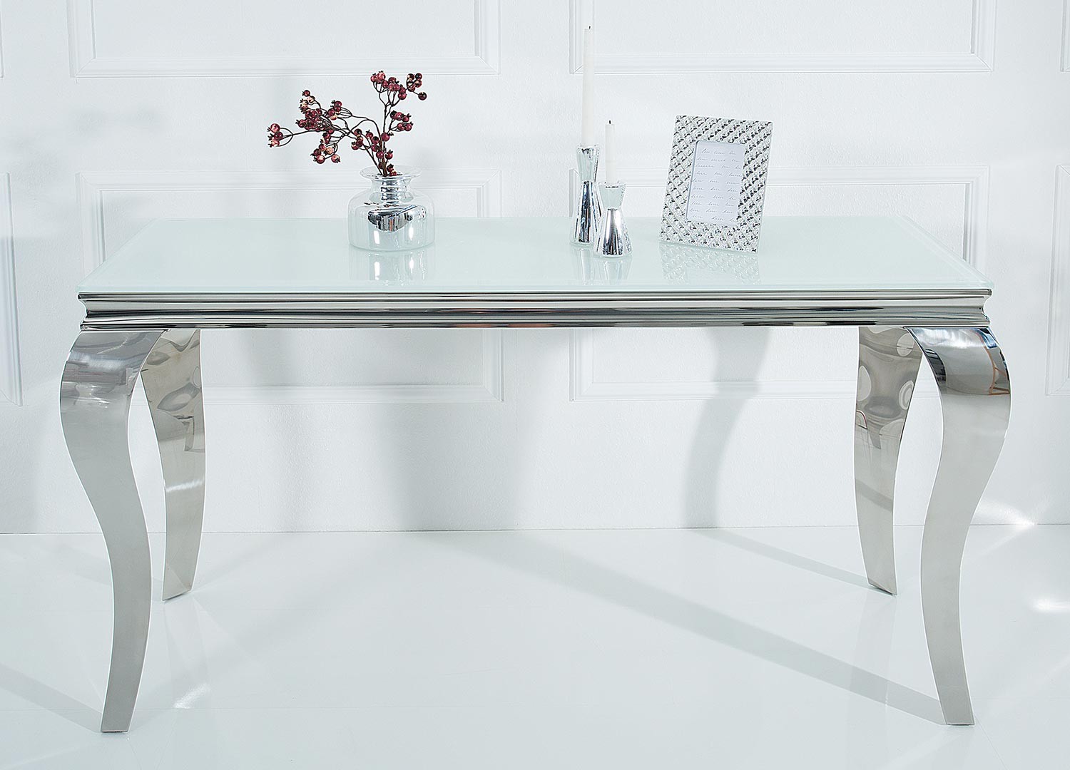 Table console baroque blanche et métal chromé pour meuble entrée