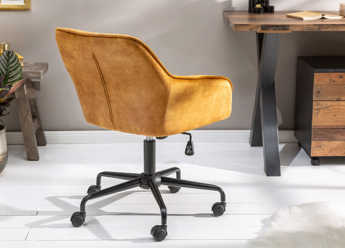 Chaise de bureau velours jaune moutarde avec accoudoirs