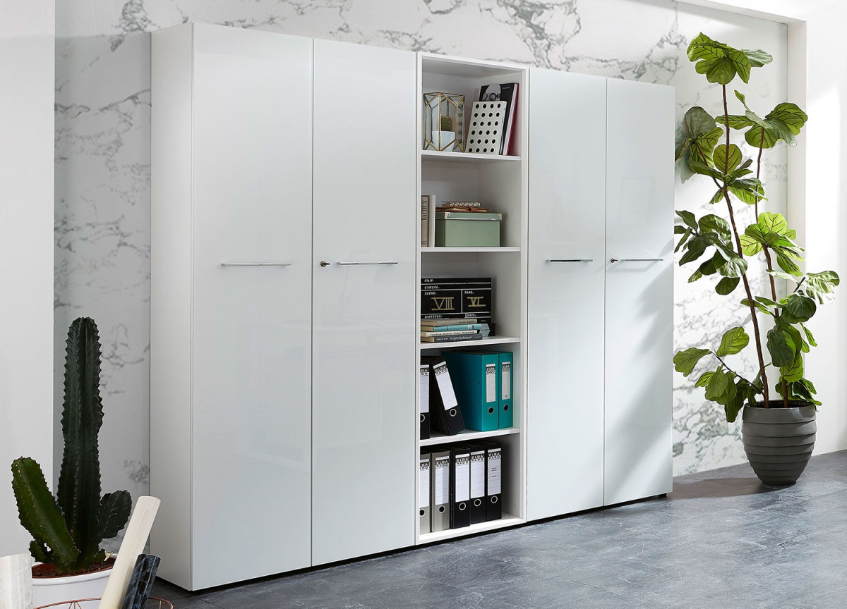 Armoire bureautique haute blanche verre blanc pour bureau