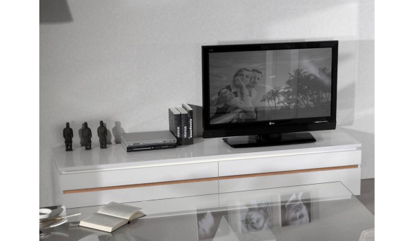 Meuble TV long blanc laqué design avec éclairage Led