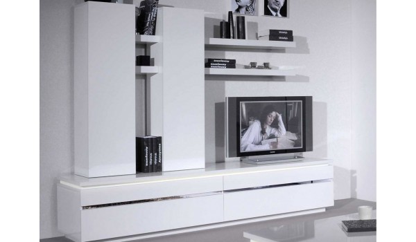 Meuble TV mural blanc laqué design avec éclairage Led