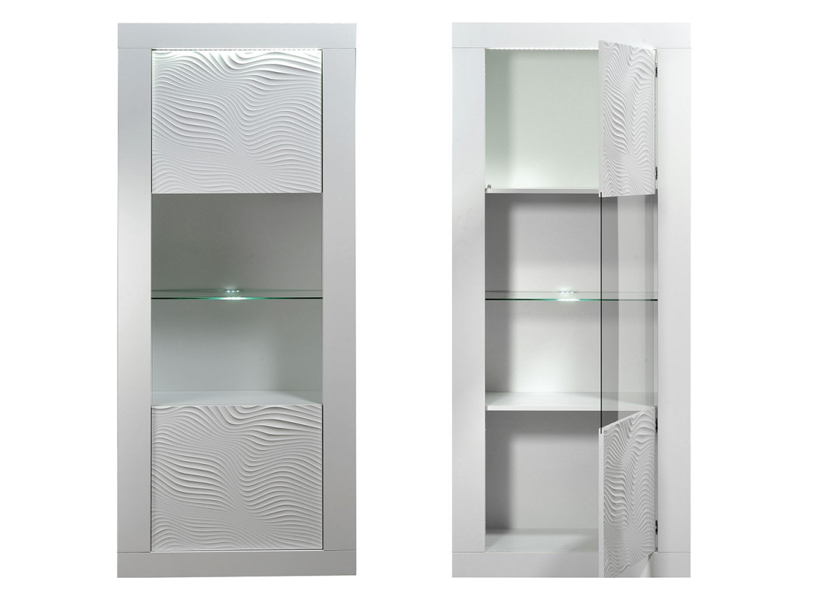Vitrine haute design avec reliefs blanc laqué et éclairage led