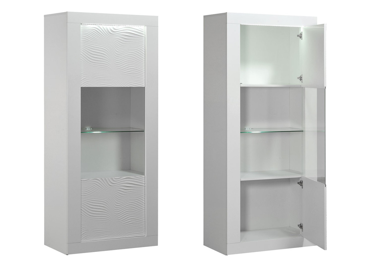 Vitrine haute design avec reliefs blanc laqué et éclairage led