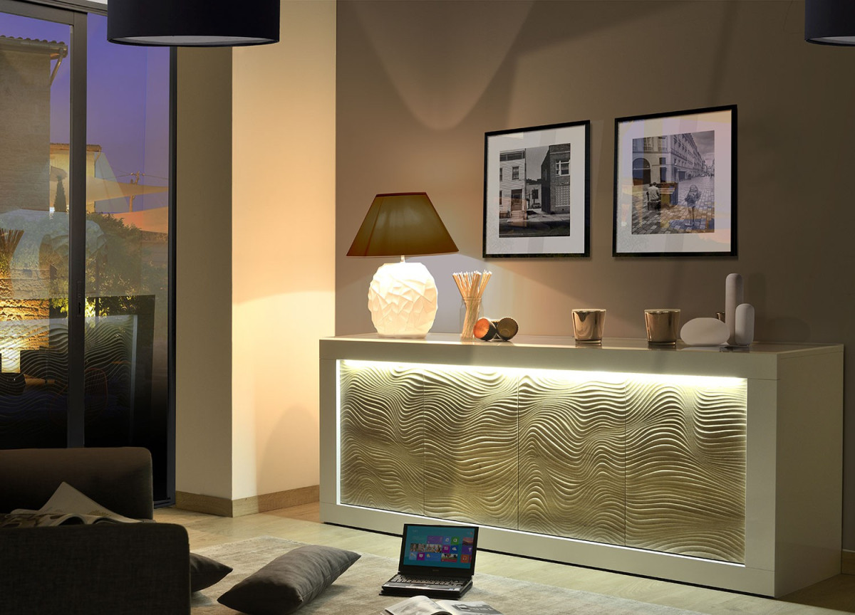 Buffet design blanc et bois avec relief 220 cm
