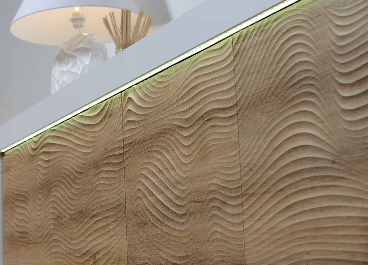 Buffet 220 cm Blanc et Façades en Bois Ondulé